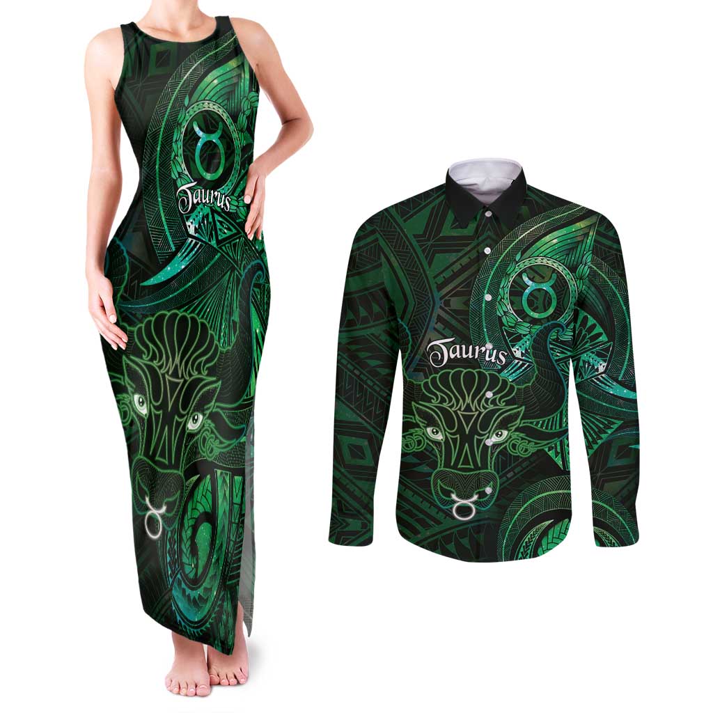 Personalised Polynesia Zodiac Taurus Couples Matching Tank Maxi Dress and Long Sleeve Button Shirt Galaxy Polynesian Pattern Chest Tattoo Style LT14 Green - Polynesian Pride