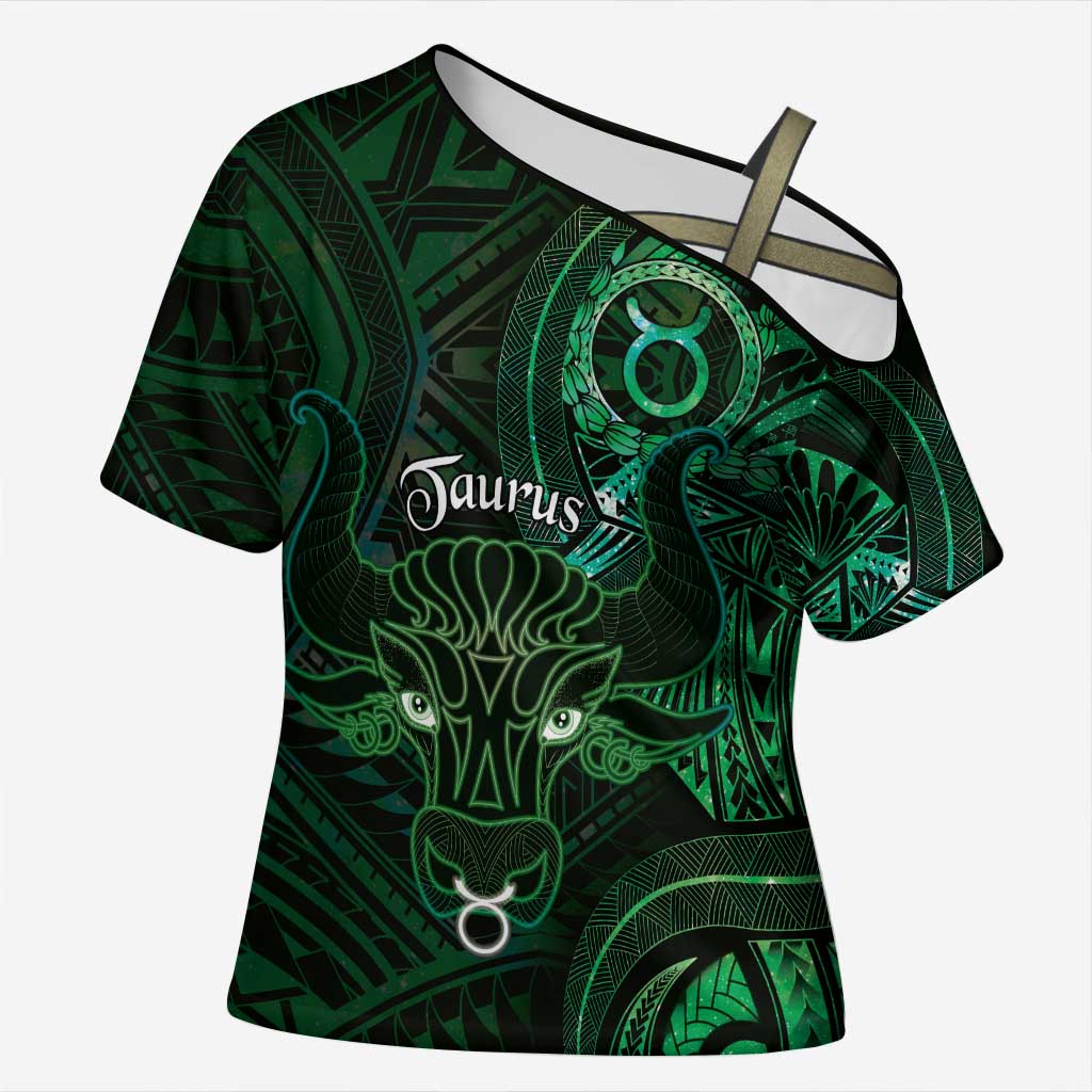 Personalised Polynesia Zodiac Taurus Cross Shoulder Shirt Galaxy Polynesian Pattern Chest Tattoo Style LT14 Female Green - Polynesian Pride