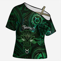 Personalised Polynesia Zodiac Taurus Cross Shoulder Shirt Galaxy Polynesian Pattern Chest Tattoo Style LT14 Female Green - Polynesian Pride