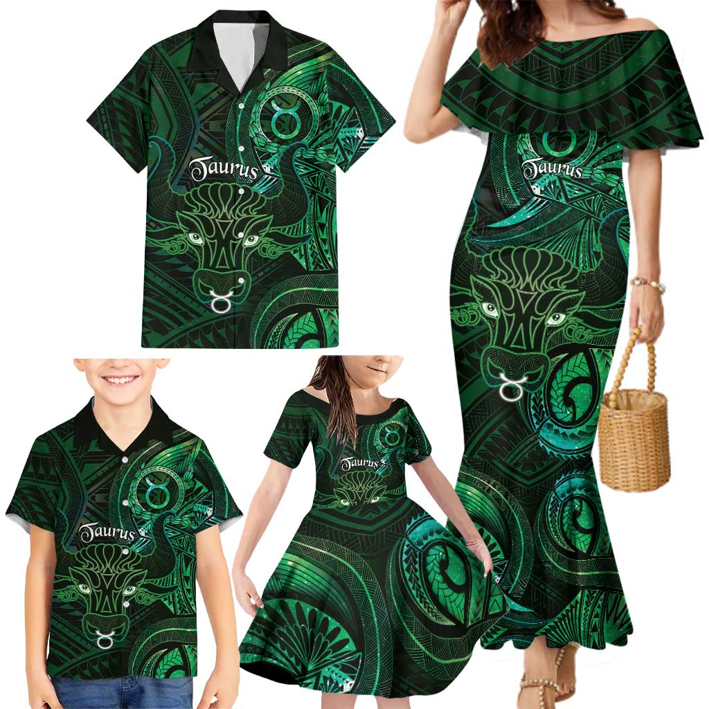 Personalised Polynesia Zodiac Taurus Family Matching Mermaid Dress and Hawaiian Shirt Galaxy Polynesian Pattern Chest Tattoo Style LT14 - Polynesian Pride