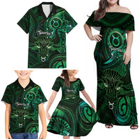 Personalised Polynesia Zodiac Taurus Family Matching Off Shoulder Maxi Dress and Hawaiian Shirt Galaxy Polynesian Pattern Chest Tattoo Style
