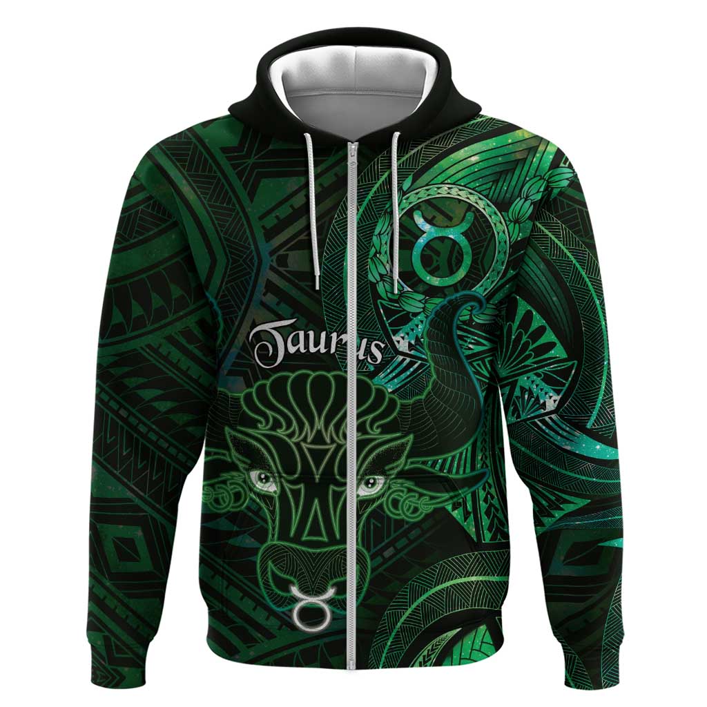 Personalised Polynesia Zodiac Taurus Hoodie Galaxy Polynesian Pattern Chest Tattoo Style LT14 Zip Hoodie Green - Polynesian Pride