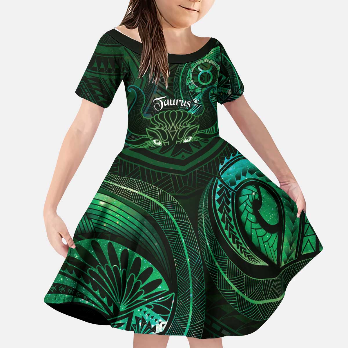Personalised Polynesia Zodiac Taurus Kid Short Sleeve Dress Galaxy Polynesian Pattern Chest Tattoo Style