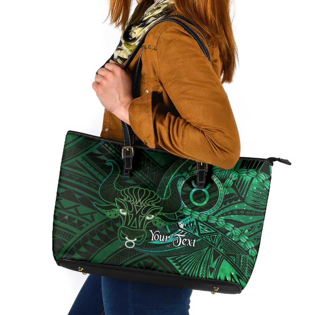 Personalised Polynesia Zodiac Taurus Leather Tote Bag Galaxy Polynesian Pattern Chest Tattoo Style LT14 Green - Polynesian Pride