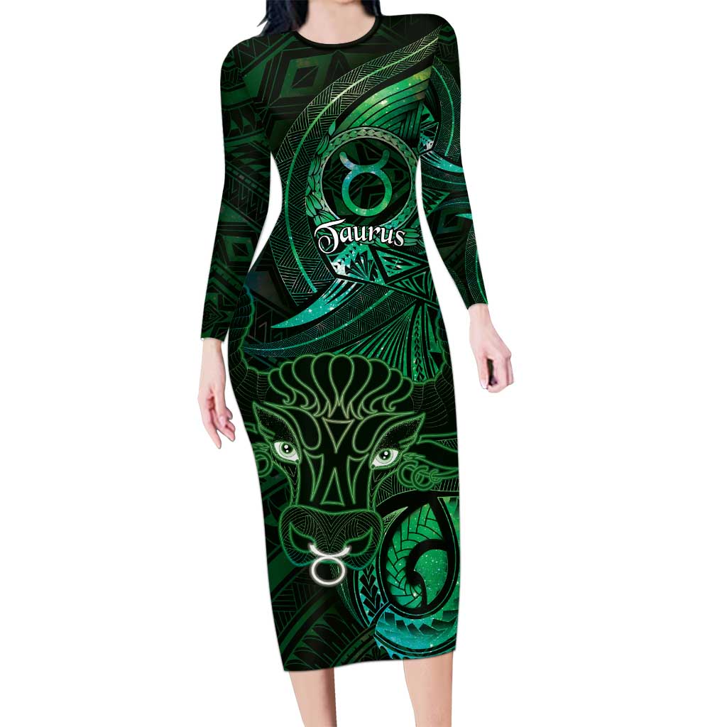 Personalised Polynesia Zodiac Taurus Long Sleeve Bodycon Dress Galaxy Polynesian Pattern Chest Tattoo Style LT14 Long Dress Green - Polynesian Pride