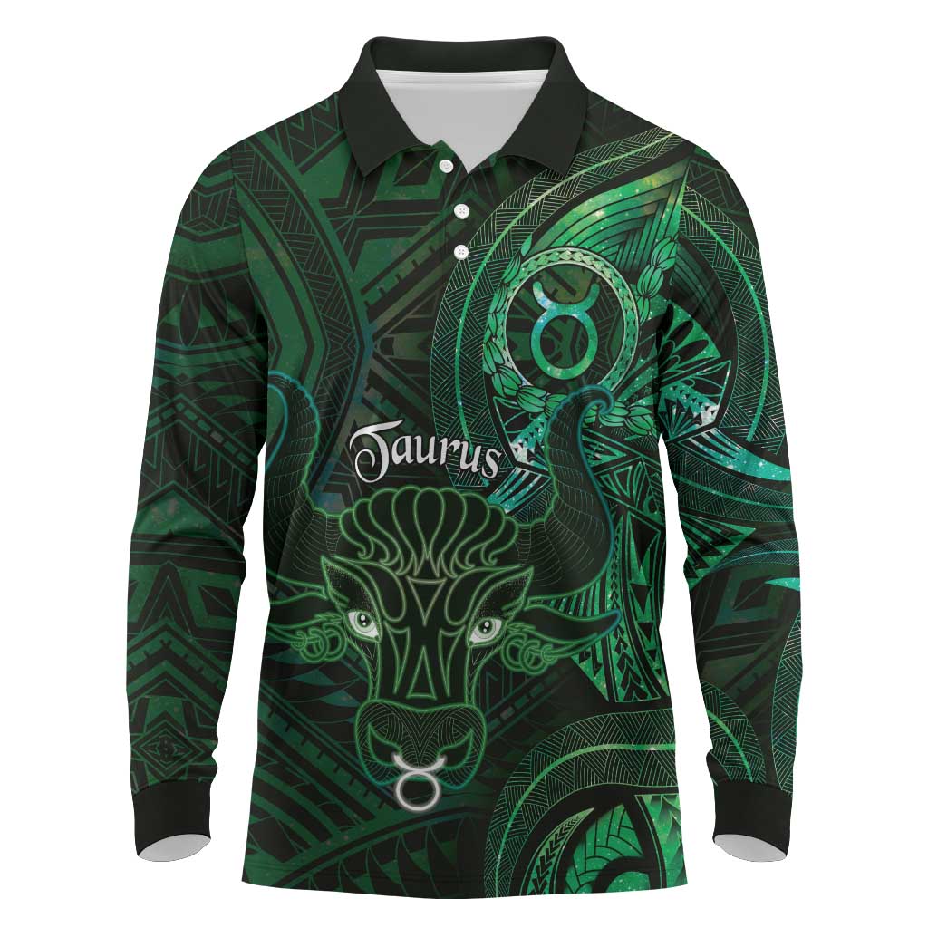 Personalised Polynesia Zodiac Taurus Long Sleeve Polo Shirt Galaxy Polynesian Pattern Chest Tattoo Style LT14 Green - Polynesian Pride