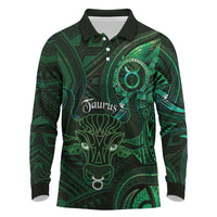 Personalised Polynesia Zodiac Taurus Long Sleeve Polo Shirt Galaxy Polynesian Pattern Chest Tattoo Style LT14 Green - Polynesian Pride