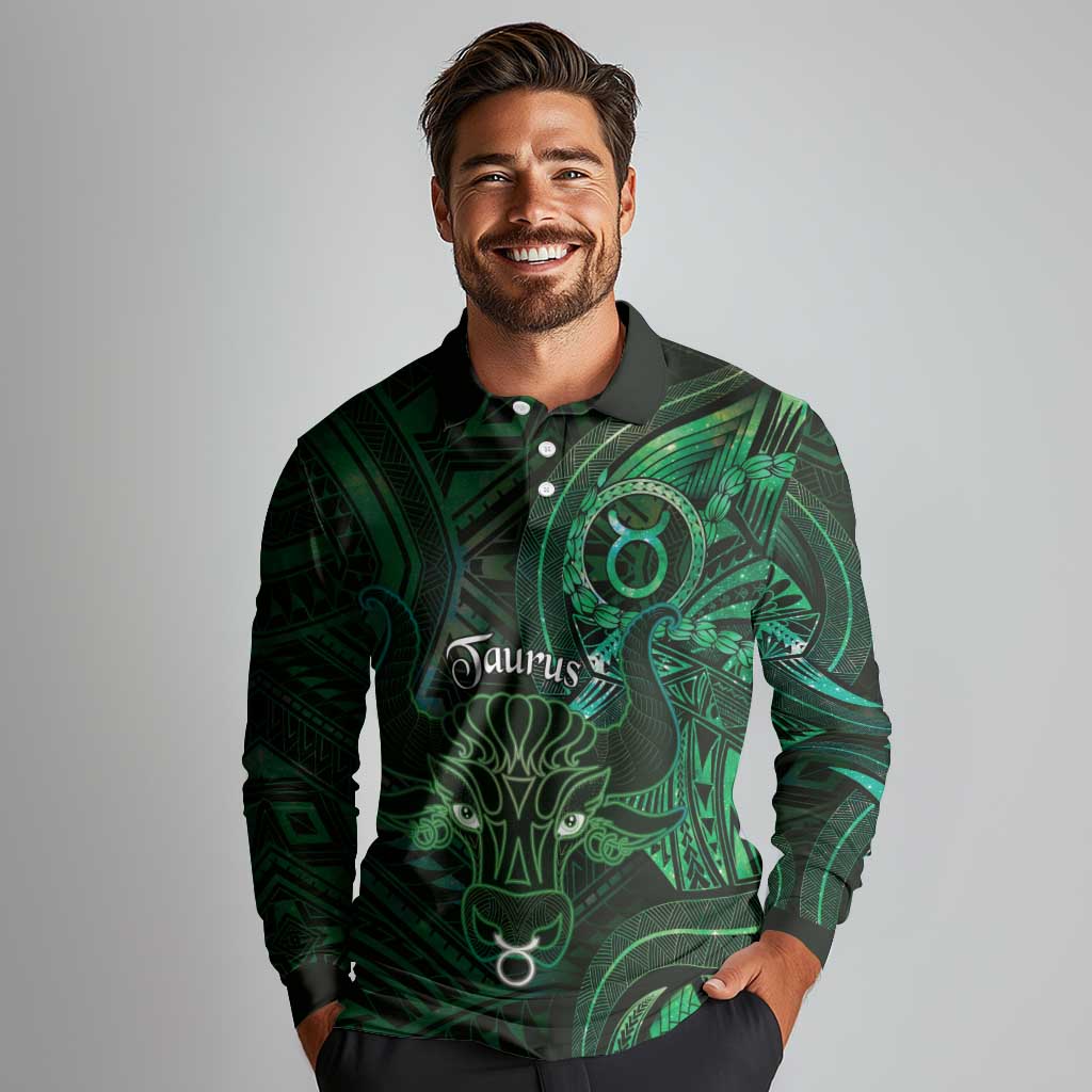 Personalised Polynesia Zodiac Taurus Long Sleeve Polo Shirt Galaxy Polynesian Pattern Chest Tattoo Style LT14 - Polynesian Pride