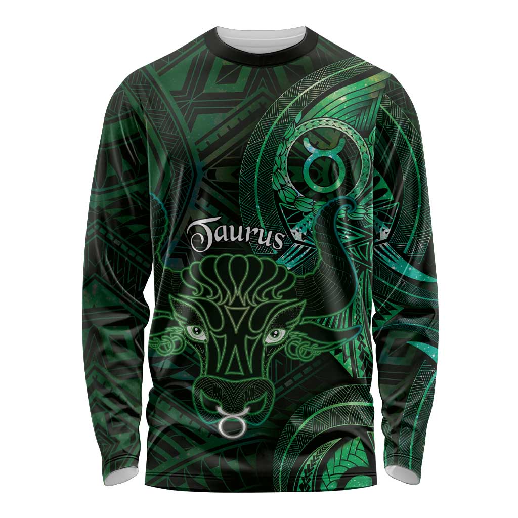 Personalised Polynesia Zodiac Taurus Long Sleeve Shirt Galaxy Polynesian Pattern Chest Tattoo Style LT14 Unisex Green - Polynesian Pride
