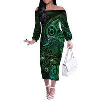 Personalised Polynesia Zodiac Taurus Off The Shoulder Long Sleeve Dress Galaxy Polynesian Pattern Chest Tattoo Style LT14 Women Green - Polynesian Pride