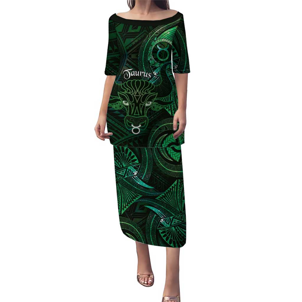 Personalised Polynesia Zodiac Taurus Puletasi Galaxy Polynesian Pattern Chest Tattoo Style LT14 Long Dress Green - Polynesian Pride