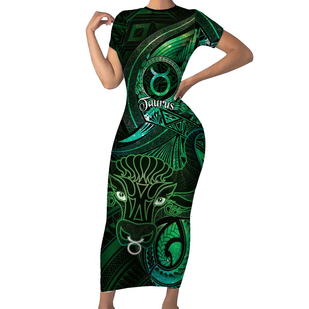Personalised Polynesia Zodiac Taurus Short Sleeve Bodycon Dress Galaxy Polynesian Pattern Chest Tattoo Style LT14 Long Dress Green - Polynesian Pride