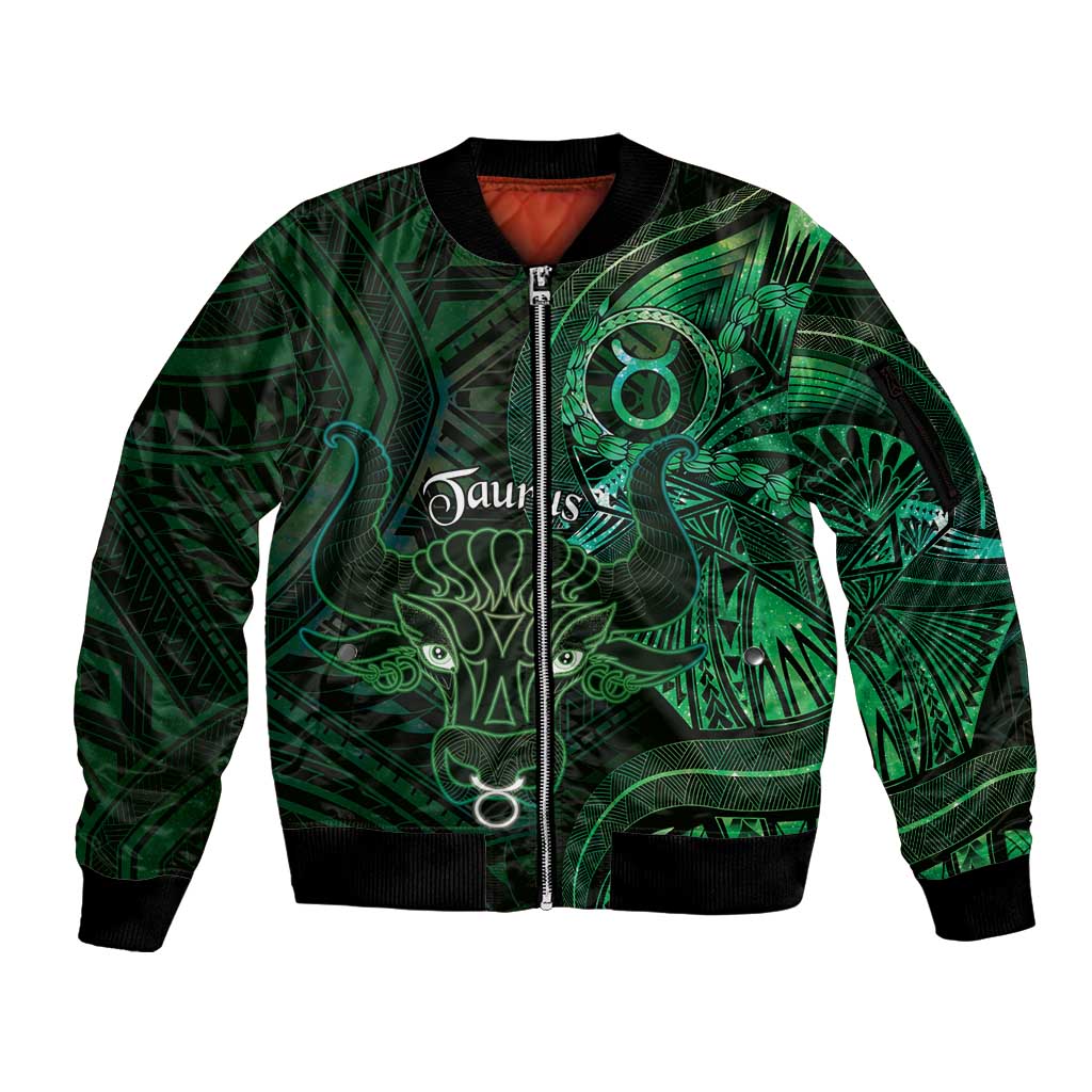 Personalised Polynesia Zodiac Taurus Sleeve Zip Bomber Jacket Galaxy Polynesian Pattern Chest Tattoo Style LT14 Unisex Green - Polynesian Pride