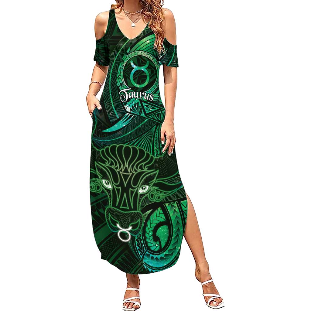 Personalised Polynesia Zodiac Taurus Summer Maxi Dress Galaxy Polynesian Pattern Chest Tattoo Style LT14 Women Green - Polynesian Pride