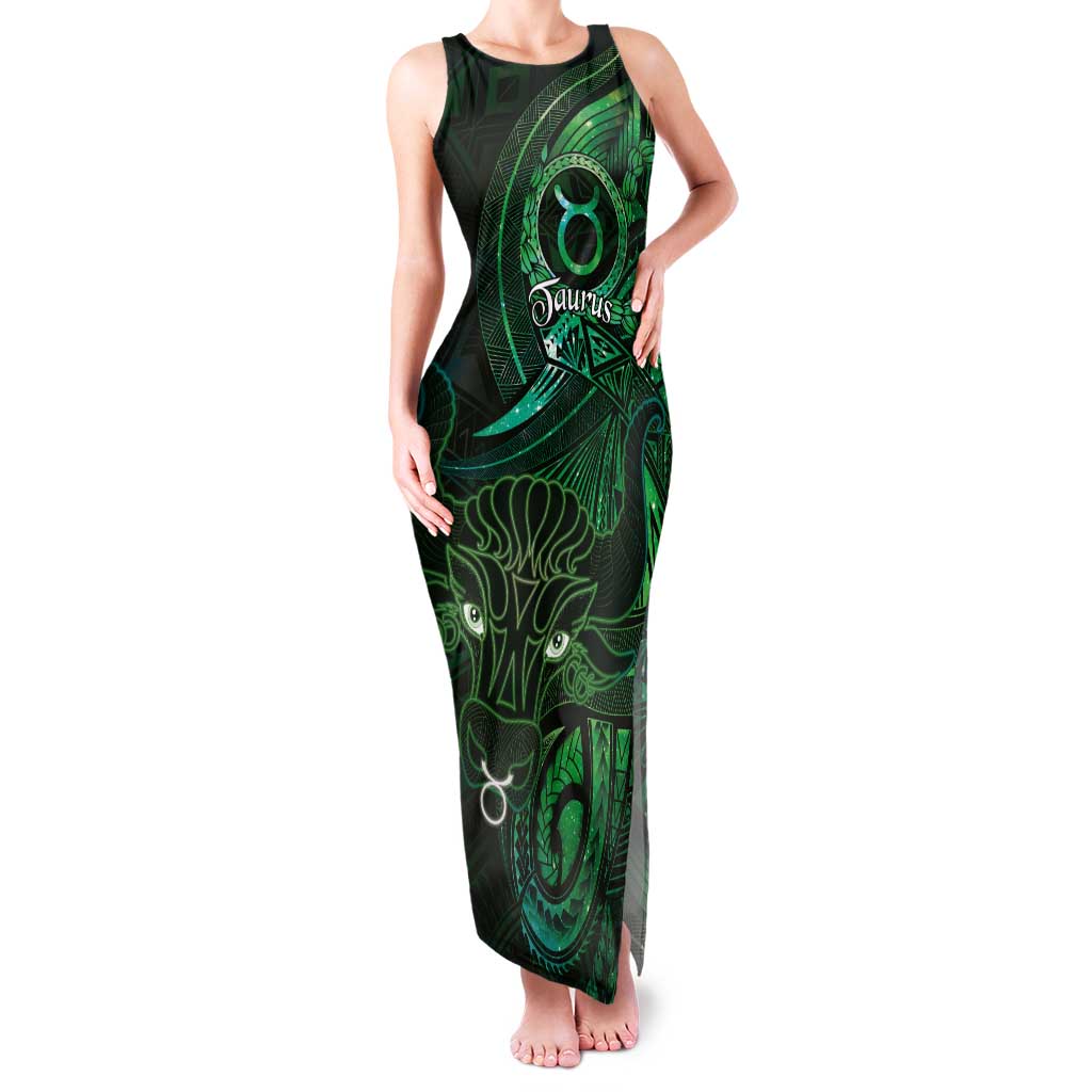 Personalised Polynesia Zodiac Taurus Tank Maxi Dress Galaxy Polynesian Pattern Chest Tattoo Style LT14 Women Green - Polynesian Pride