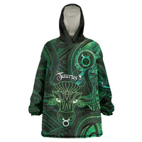 Personalised Polynesia Zodiac Taurus Wearable Blanket Hoodie Galaxy Polynesian Pattern Chest Tattoo Style LT14 One Size Green - Polynesian Pride