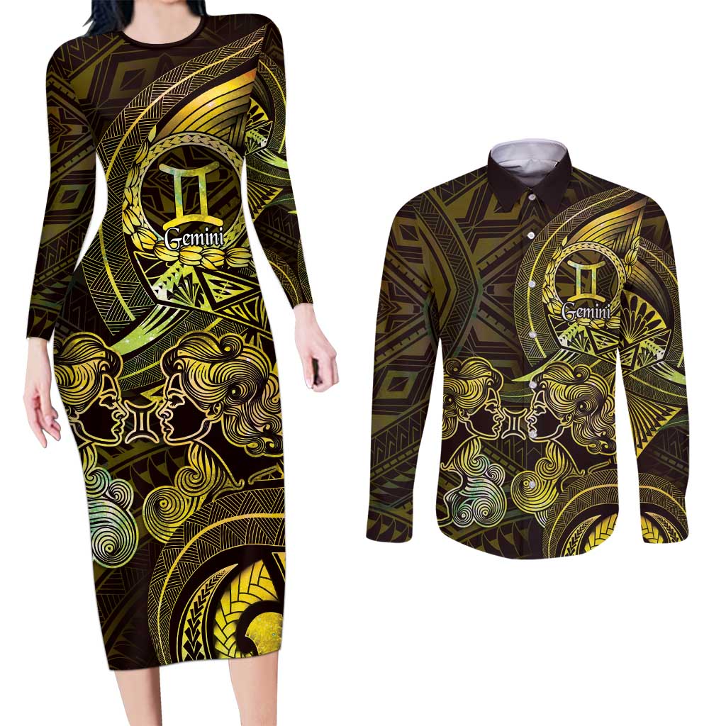 Personalised Polynesia Zodiac Gemini Couples Matching Long Sleeve Bodycon Dress and Long Sleeve Button Shirt Galaxy Polynesian Pattern Chest Tattoo Style LT14 Yellow - Polynesian Pride