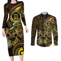 Personalised Polynesia Zodiac Gemini Couples Matching Long Sleeve Bodycon Dress and Long Sleeve Button Shirt Galaxy Polynesian Pattern Chest Tattoo Style LT14 Yellow - Polynesian Pride