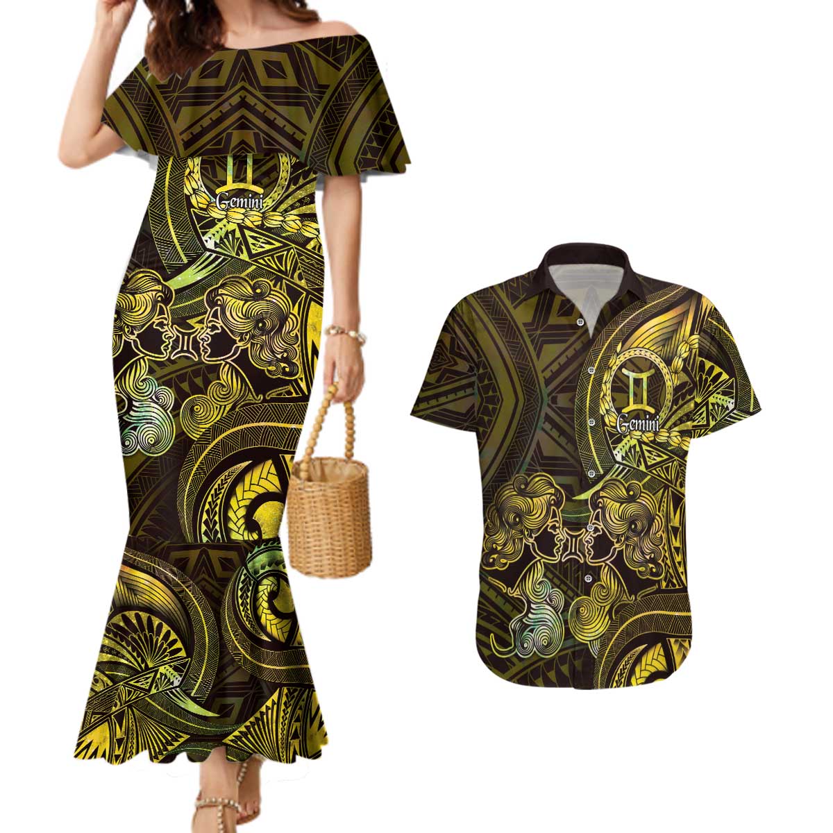 Personalised Polynesia Zodiac Gemini Couples Matching Mermaid Dress and Hawaiian Shirt Galaxy Polynesian Pattern Chest Tattoo Style LT14 Yellow - Polynesian Pride