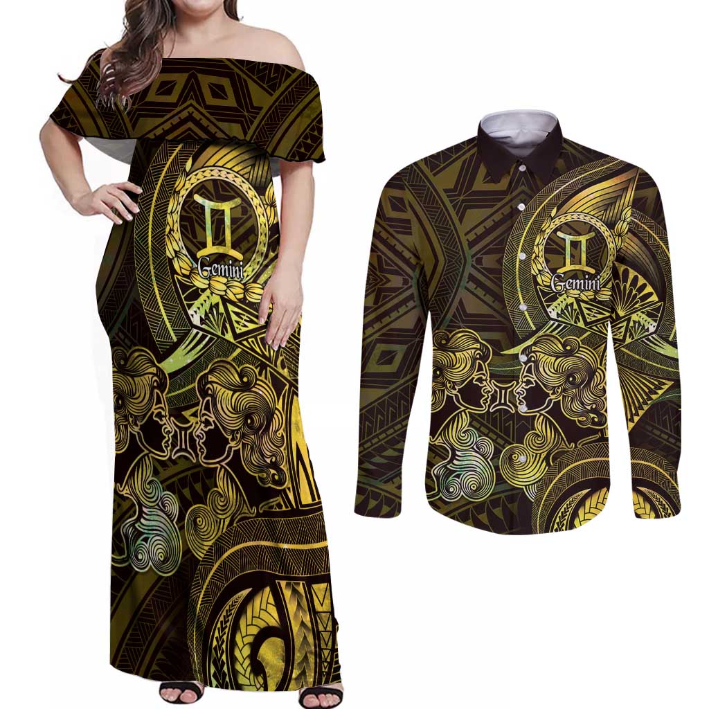 Personalised Polynesia Zodiac Gemini Couples Matching Off Shoulder Maxi Dress and Long Sleeve Button Shirt Galaxy Polynesian Pattern Chest Tattoo Style LT14 Yellow - Polynesian Pride