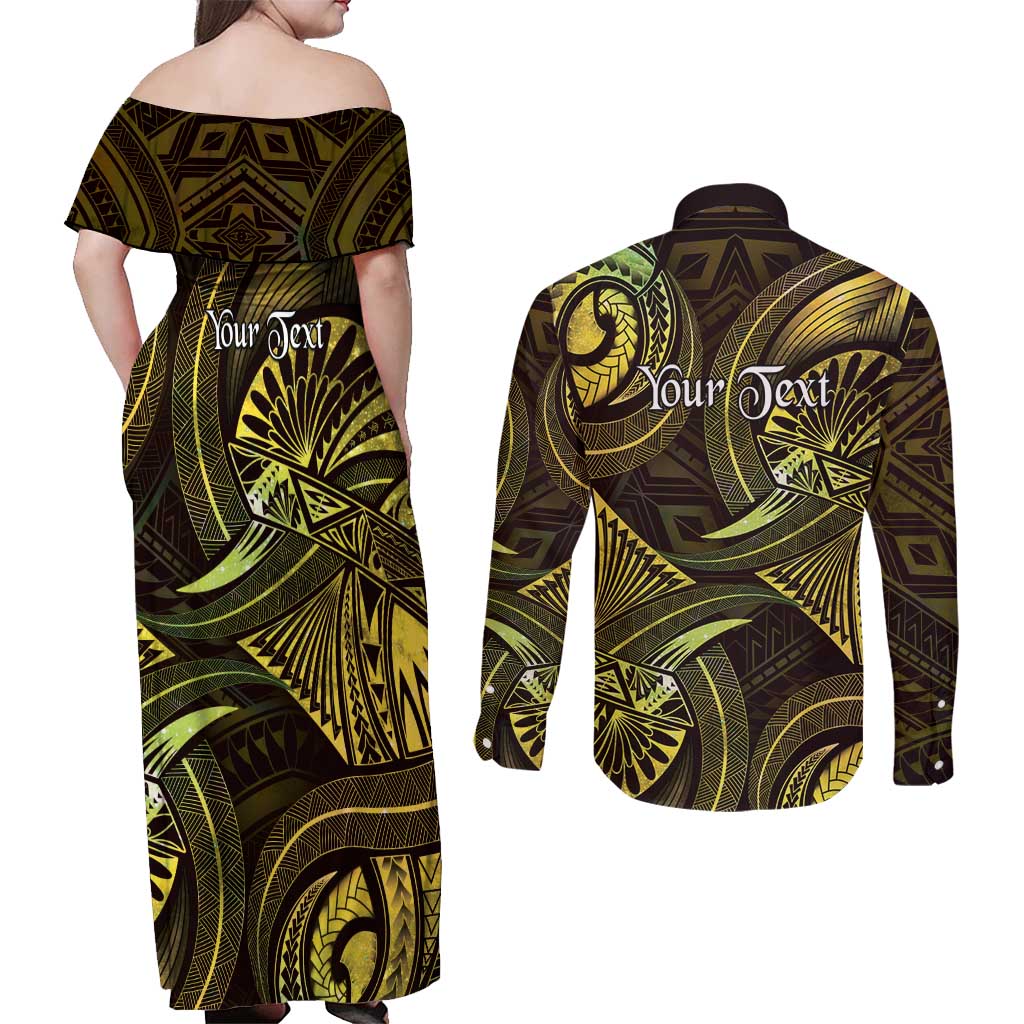 Personalised Polynesia Zodiac Gemini Couples Matching Off Shoulder Maxi Dress and Long Sleeve Button Shirt Galaxy Polynesian Pattern Chest Tattoo Style LT14 - Polynesian Pride
