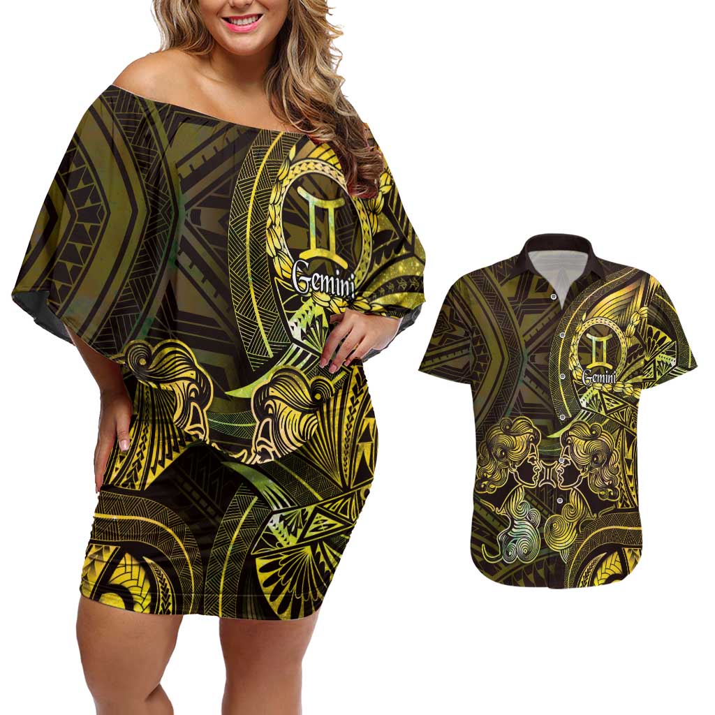 Personalised Polynesia Zodiac Gemini Couples Matching Off Shoulder Short Dress and Hawaiian Shirt Galaxy Polynesian Pattern Chest Tattoo Style