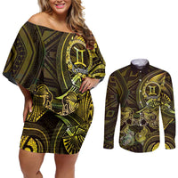 Personalised Polynesia Zodiac Gemini Couples Matching Off Shoulder Short Dress and Long Sleeve Button Shirt Galaxy Polynesian Pattern Chest Tattoo Style LT14 Yellow - Polynesian Pride