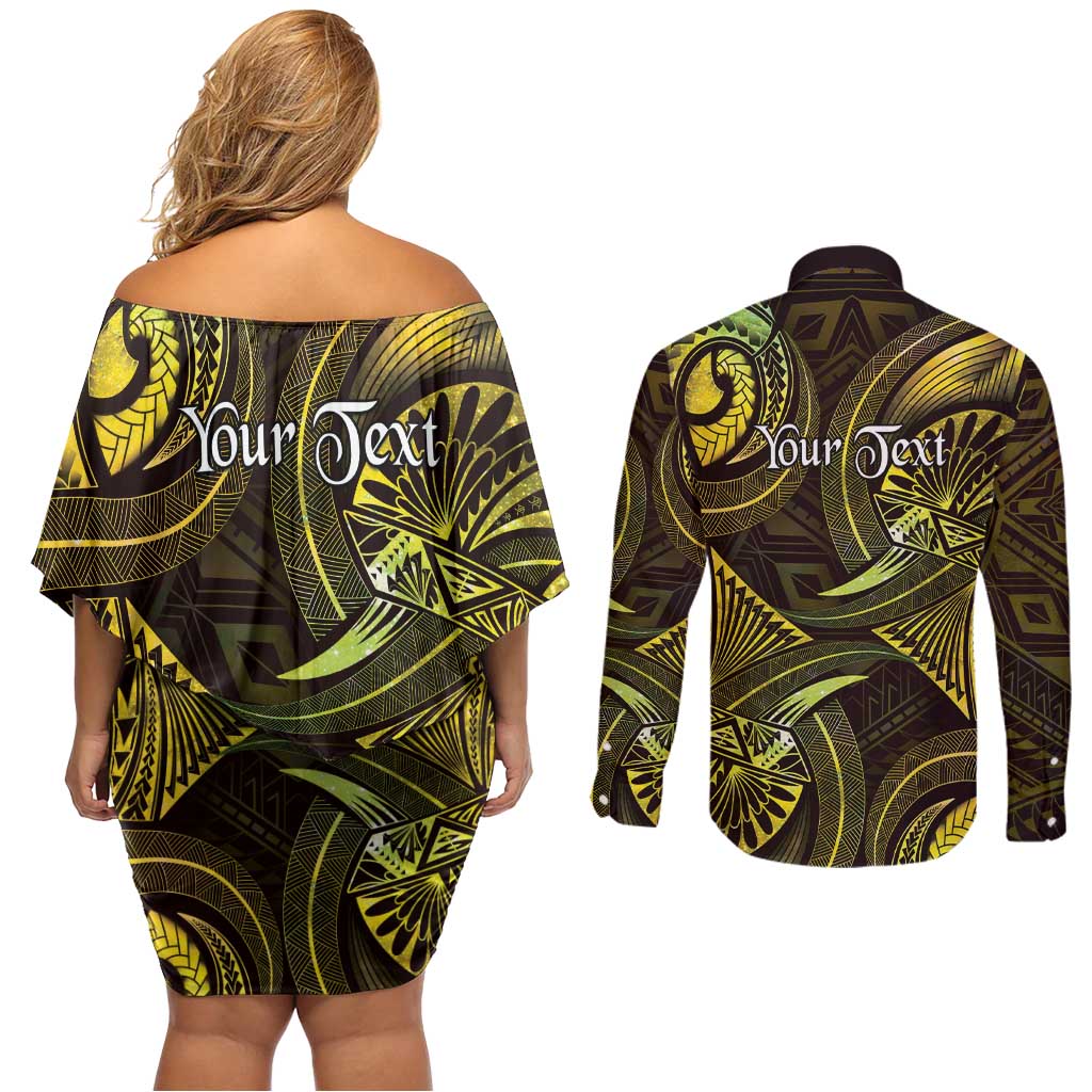Personalised Polynesia Zodiac Gemini Couples Matching Off Shoulder Short Dress and Long Sleeve Button Shirt Galaxy Polynesian Pattern Chest Tattoo Style LT14 - Polynesian Pride