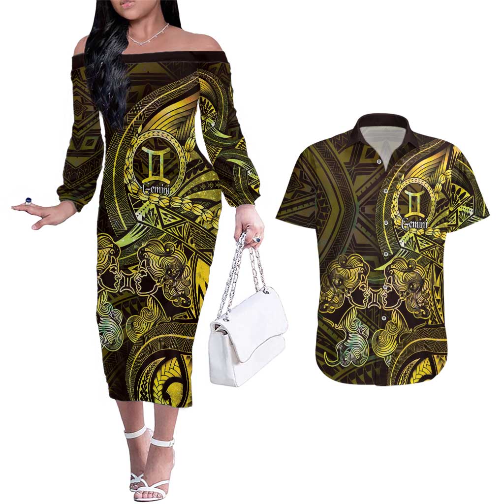 Personalised Polynesia Zodiac Gemini Couples Matching Off The Shoulder Long Sleeve Dress and Hawaiian Shirt Galaxy Polynesian Pattern Chest Tattoo Style LT14 Yellow - Polynesian Pride