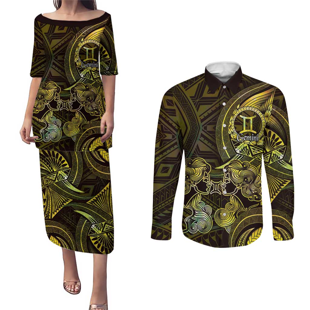 Personalised Polynesia Zodiac Gemini Couples Matching Puletasi and Long Sleeve Button Shirt Galaxy Polynesian Pattern Chest Tattoo Style LT14 Yellow - Polynesian Pride