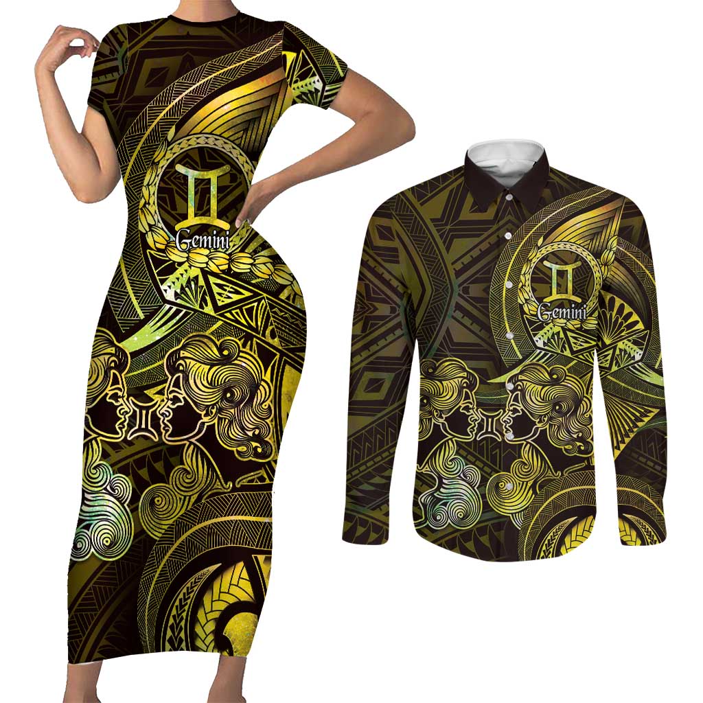 Personalised Polynesia Zodiac Gemini Couples Matching Short Sleeve Bodycon Dress and Long Sleeve Button Shirt Galaxy Polynesian Pattern Chest Tattoo Style LT14 Yellow - Polynesian Pride