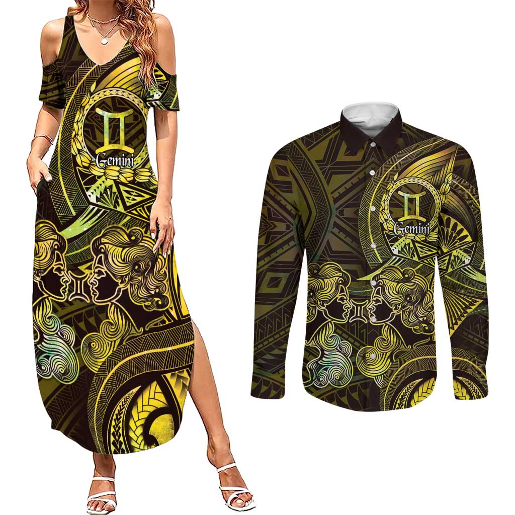 Personalised Polynesia Zodiac Gemini Couples Matching Summer Maxi Dress and Long Sleeve Button Shirt Galaxy Polynesian Pattern Chest Tattoo Style LT14 Yellow - Polynesian Pride