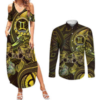 Personalised Polynesia Zodiac Gemini Couples Matching Summer Maxi Dress and Long Sleeve Button Shirt Galaxy Polynesian Pattern Chest Tattoo Style LT14 Yellow - Polynesian Pride