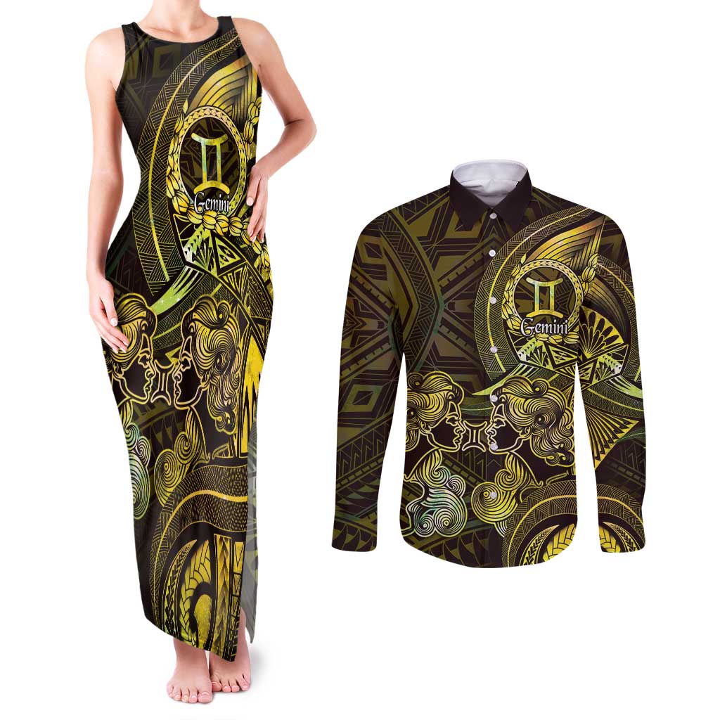 Personalised Polynesia Zodiac Gemini Couples Matching Tank Maxi Dress and Long Sleeve Button Shirt Galaxy Polynesian Pattern Chest Tattoo Style LT14 Yellow - Polynesian Pride
