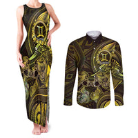 Personalised Polynesia Zodiac Gemini Couples Matching Tank Maxi Dress and Long Sleeve Button Shirt Galaxy Polynesian Pattern Chest Tattoo Style LT14 Yellow - Polynesian Pride