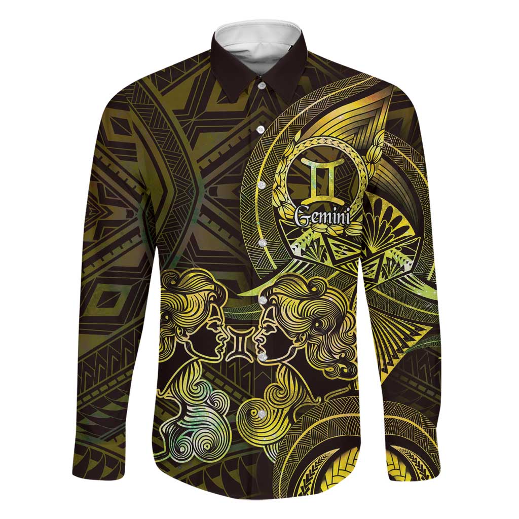 Personalised Polynesia Zodiac Gemini Family Matching Puletasi and Hawaiian Shirt Galaxy Polynesian Pattern Chest Tattoo Style LT14 Dad's Shirt - Long Sleeve Yellow - Polynesian Pride