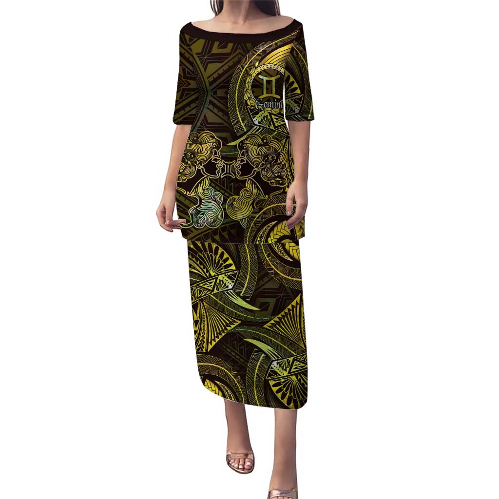 Personalised Polynesia Zodiac Gemini Family Matching Puletasi and Hawaiian Shirt Galaxy Polynesian Pattern Chest Tattoo Style LT14 Mom's Dress Yellow - Polynesian Pride