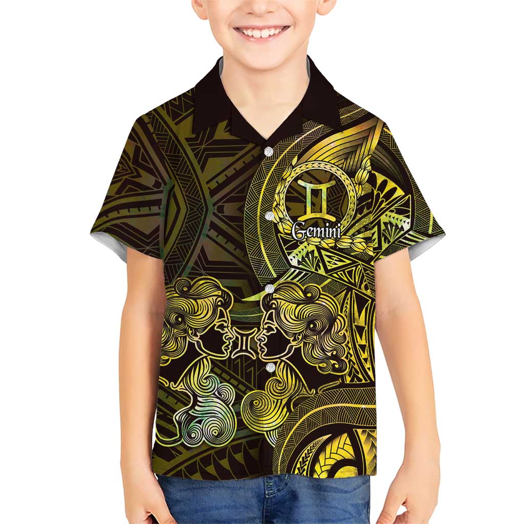 Personalised Polynesia Zodiac Gemini Family Matching Puletasi and Hawaiian Shirt Galaxy Polynesian Pattern Chest Tattoo Style LT14 Son's Shirt Yellow - Polynesian Pride