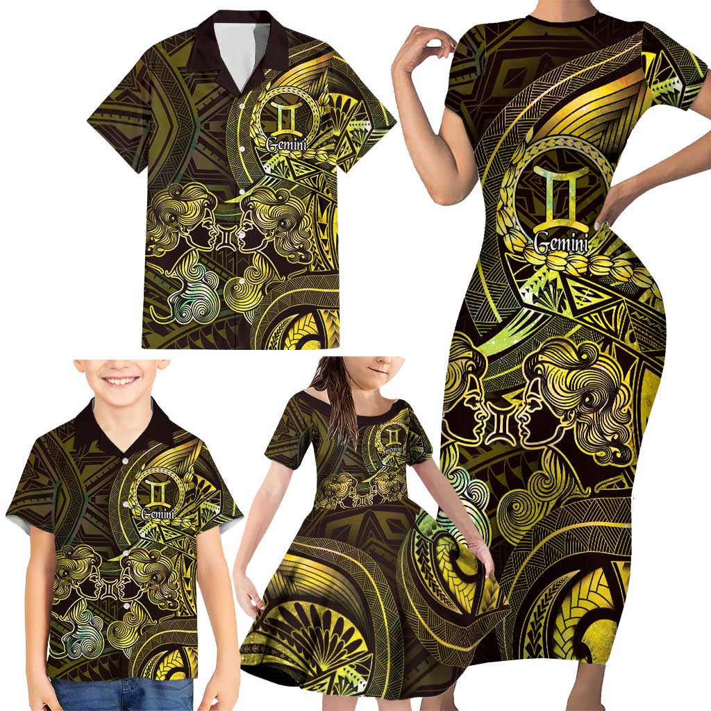 Personalised Polynesia Zodiac Gemini Family Matching Short Sleeve Bodycon Dress and Hawaiian Shirt Galaxy Polynesian Pattern Chest Tattoo Style LT14 - Polynesian Pride