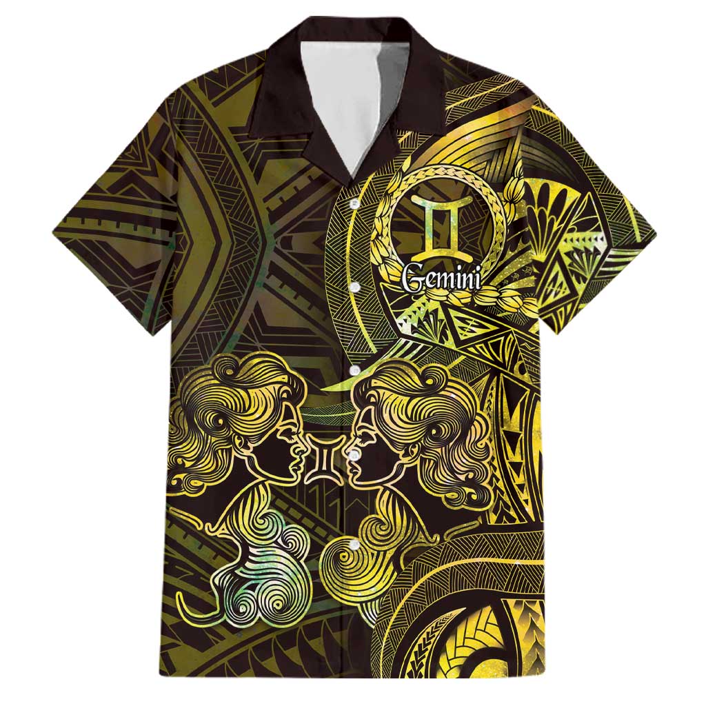 Personalised Polynesia Zodiac Gemini Family Matching Tank Maxi Dress and Hawaiian Shirt Galaxy Polynesian Pattern Chest Tattoo Style LT14 Dad's Shirt - Short Sleeve Yellow - Polynesian Pride