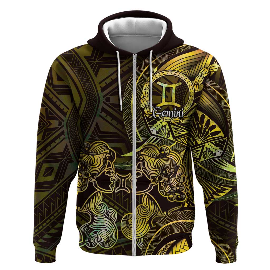 Personalised Polynesia Zodiac Gemini Hoodie Galaxy Polynesian Pattern Chest Tattoo Style LT14 Zip Hoodie Yellow - Polynesian Pride
