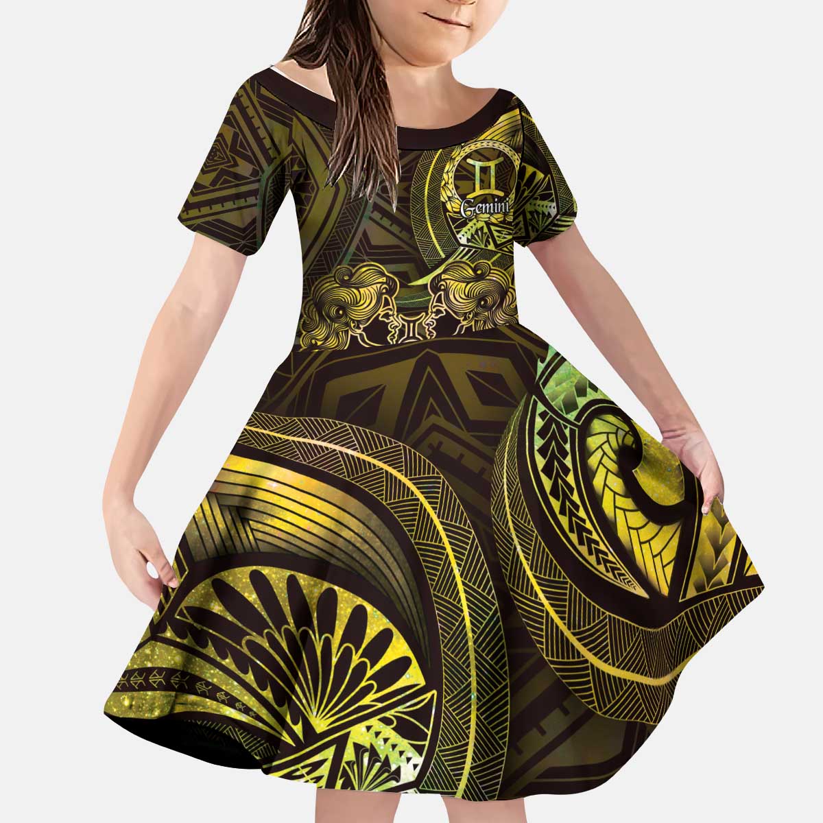 Personalised Polynesia Zodiac Gemini Kid Short Sleeve Dress Galaxy Polynesian Pattern Chest Tattoo Style LT14 KID Yellow - Polynesian Pride