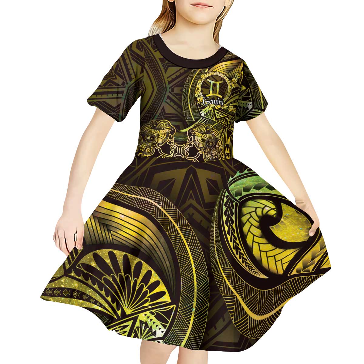 Personalised Polynesia Zodiac Gemini Kid Short Sleeve Dress Galaxy Polynesian Pattern Chest Tattoo Style LT14 - Polynesian Pride