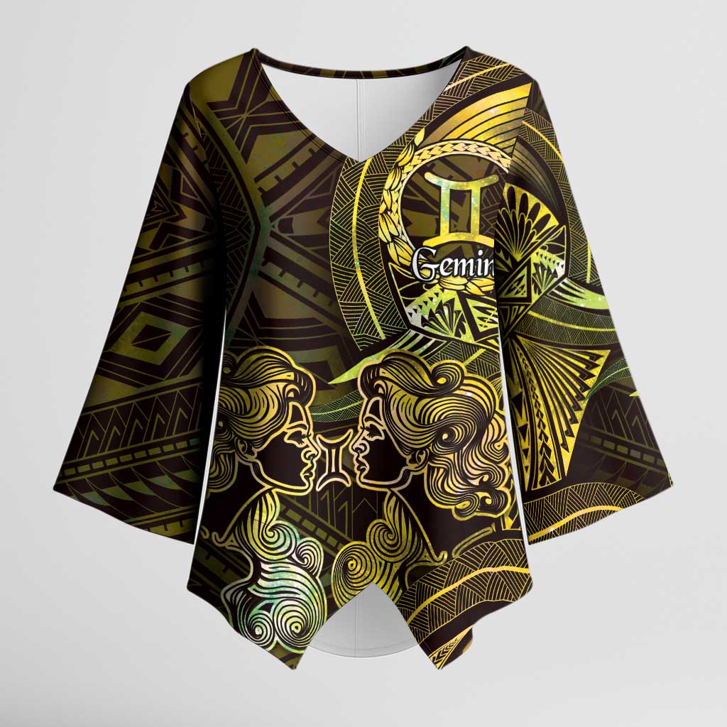 Personalised Polynesia Zodiac Gemini Kimono Sleeve Blouse Galaxy Polynesian Pattern Chest Tattoo Style LT14 Female Yellow - Polynesian Pride