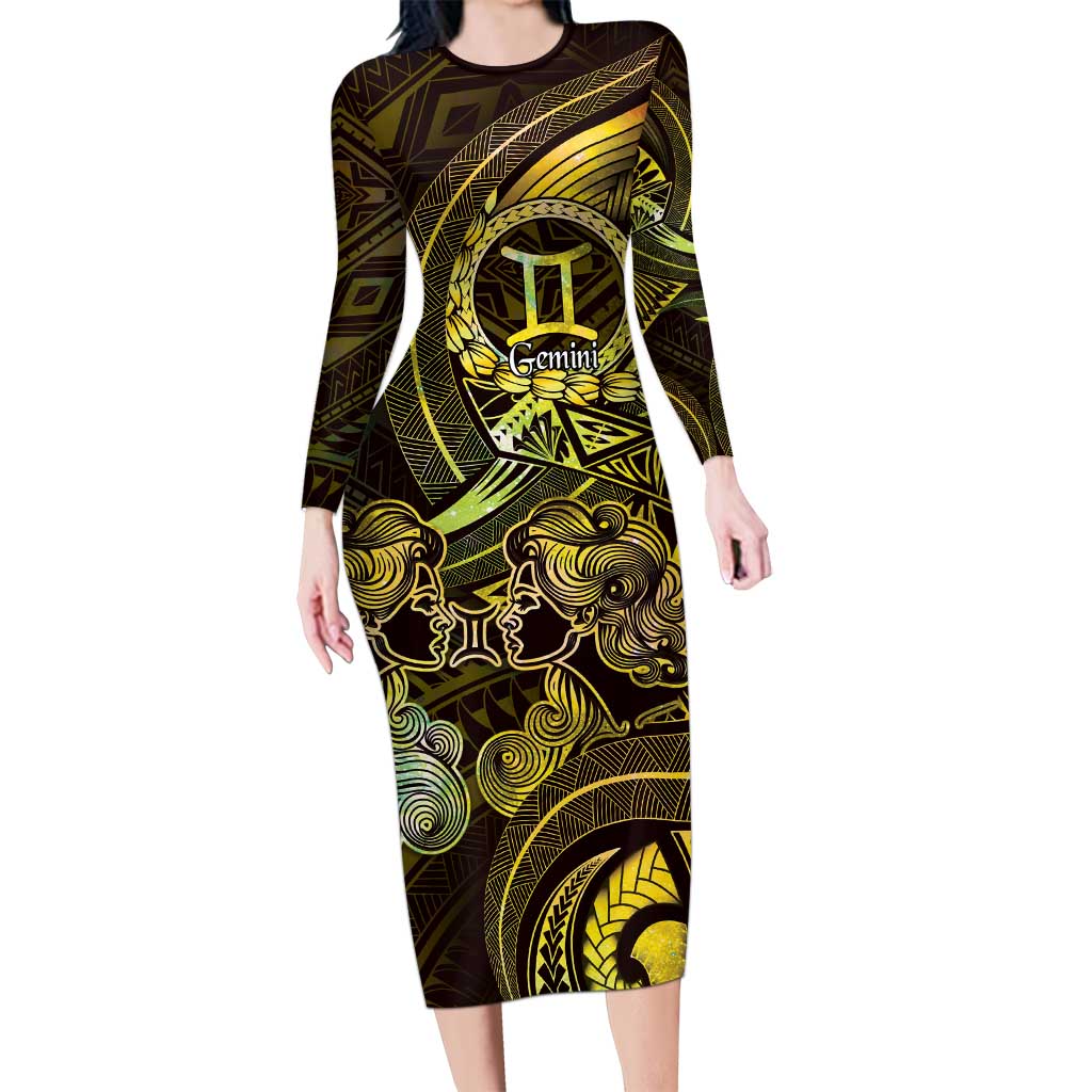 Personalised Polynesia Zodiac Gemini Long Sleeve Bodycon Dress Galaxy Polynesian Pattern Chest Tattoo Style LT14 Long Dress Yellow - Polynesian Pride