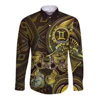 Personalised Polynesia Zodiac Gemini Long Sleeve Button Shirt Galaxy Polynesian Pattern Chest Tattoo Style LT14 Unisex Yellow - Polynesian Pride