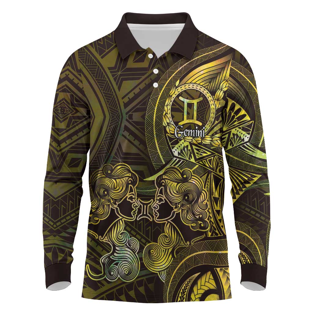 Personalised Polynesia Zodiac Gemini Long Sleeve Polo Shirt Galaxy Polynesian Pattern Chest Tattoo Style LT14 Yellow - Polynesian Pride