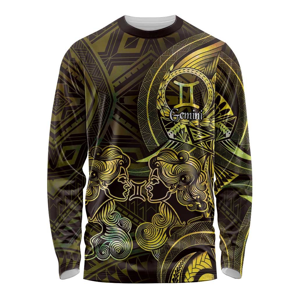 Personalised Polynesia Zodiac Gemini Long Sleeve Shirt Galaxy Polynesian Pattern Chest Tattoo Style LT14 Unisex Yellow - Polynesian Pride