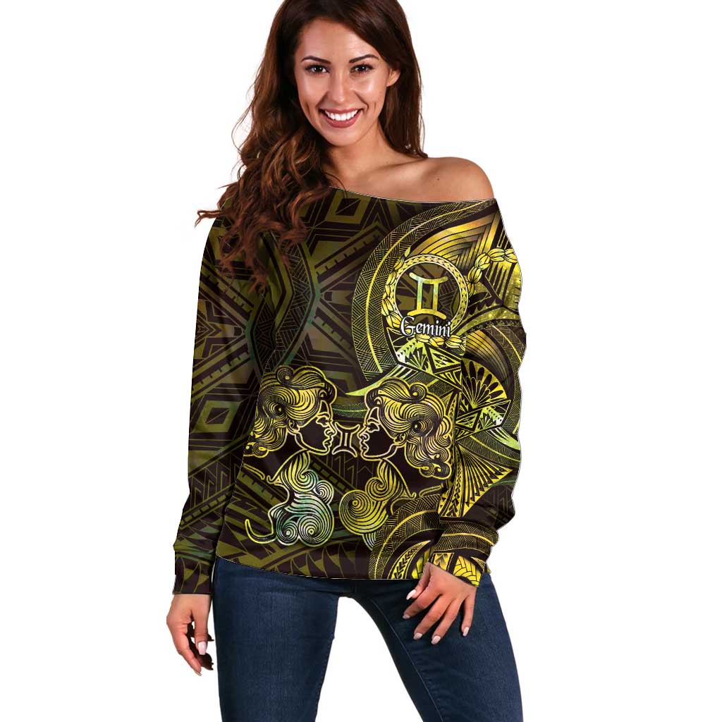 Personalised Polynesia Zodiac Gemini Off Shoulder Sweater Galaxy Polynesian Pattern Chest Tattoo Style LT14 Women Yellow - Polynesian Pride