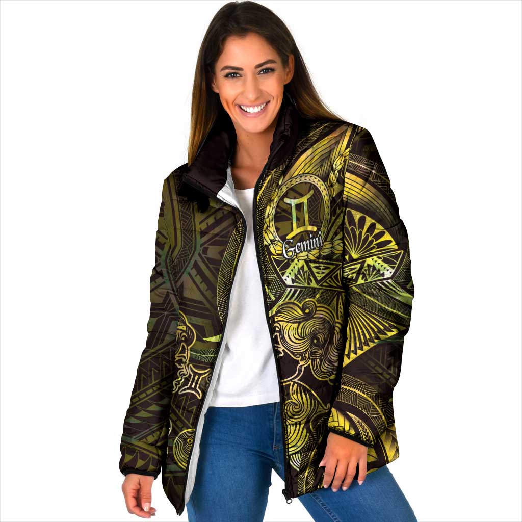 Personalised Polynesia Zodiac Gemini Padded Jacket Galaxy Polynesian Pattern Chest Tattoo Style LT14 Women Yellow - Polynesian Pride